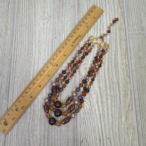 Vintage Multi Strand Glass Beaded Tiered Necklace 10” Long Drop Grannycore - Picture 6 of 7